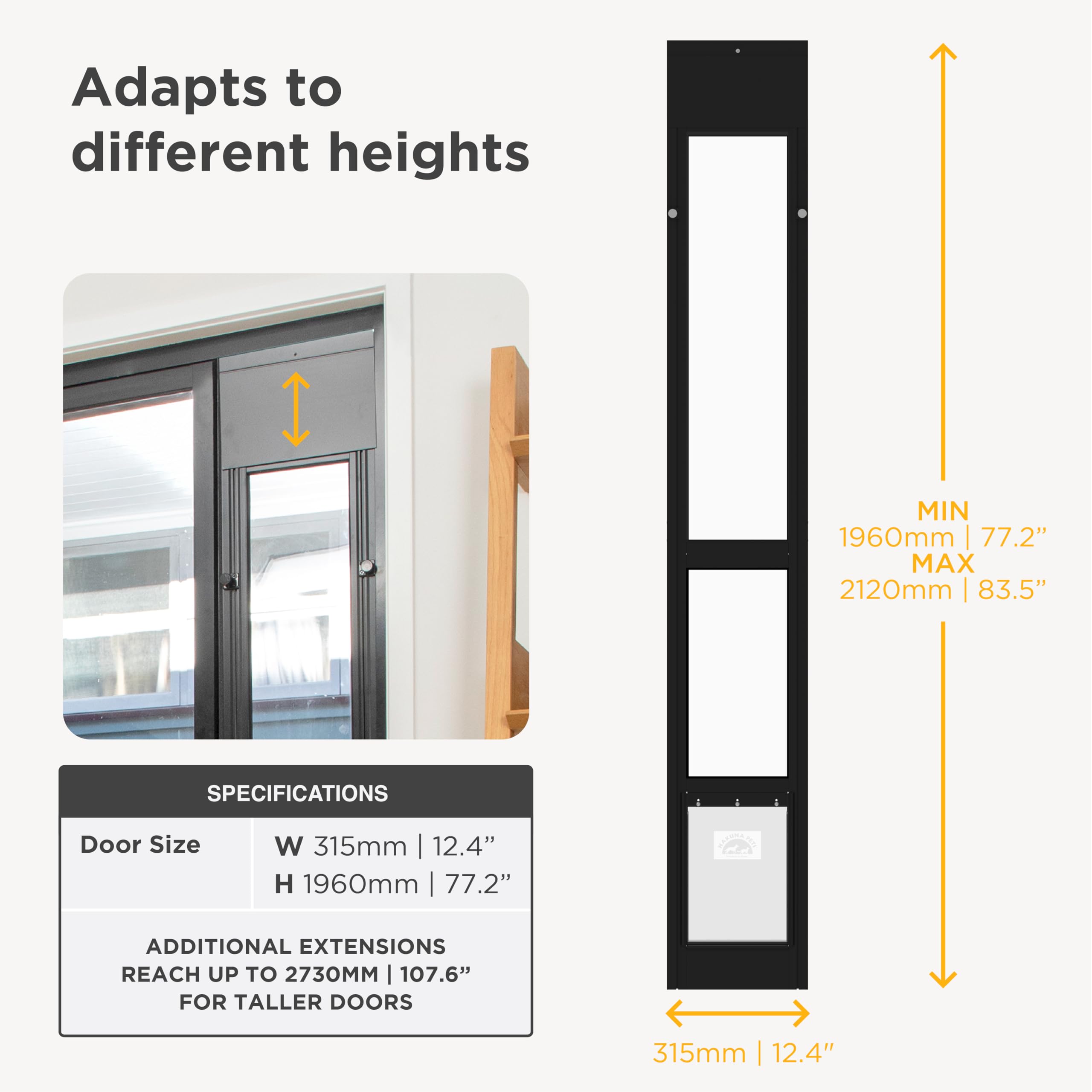 Hakuna Pets porte-patio en verre noir, joints étanches pour protection météo.