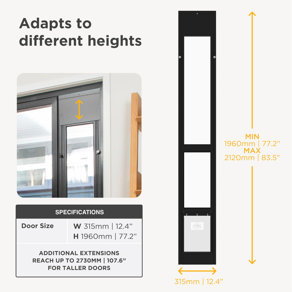 Hakuna Pets porte-patio en verre noir, joints étanches pour protection météo.