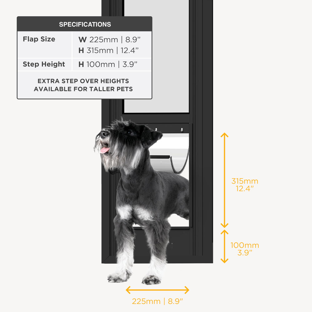 Hakuna Pets porte-patio en verre noir, porte-glissante pour chien de taille moyenne.