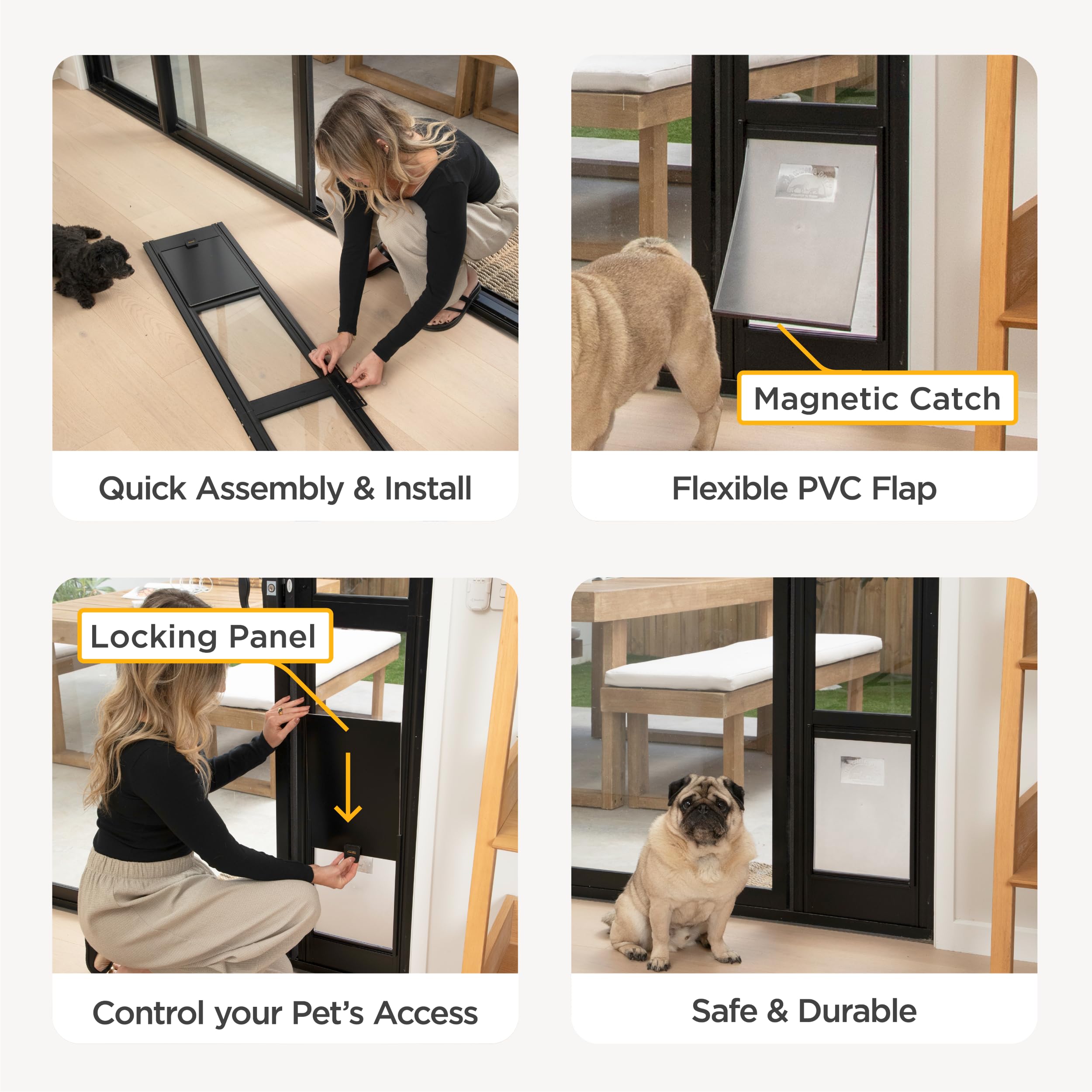 Hakuna Pets porte-patio en verre noir, verre trempé offrant une vue claire.