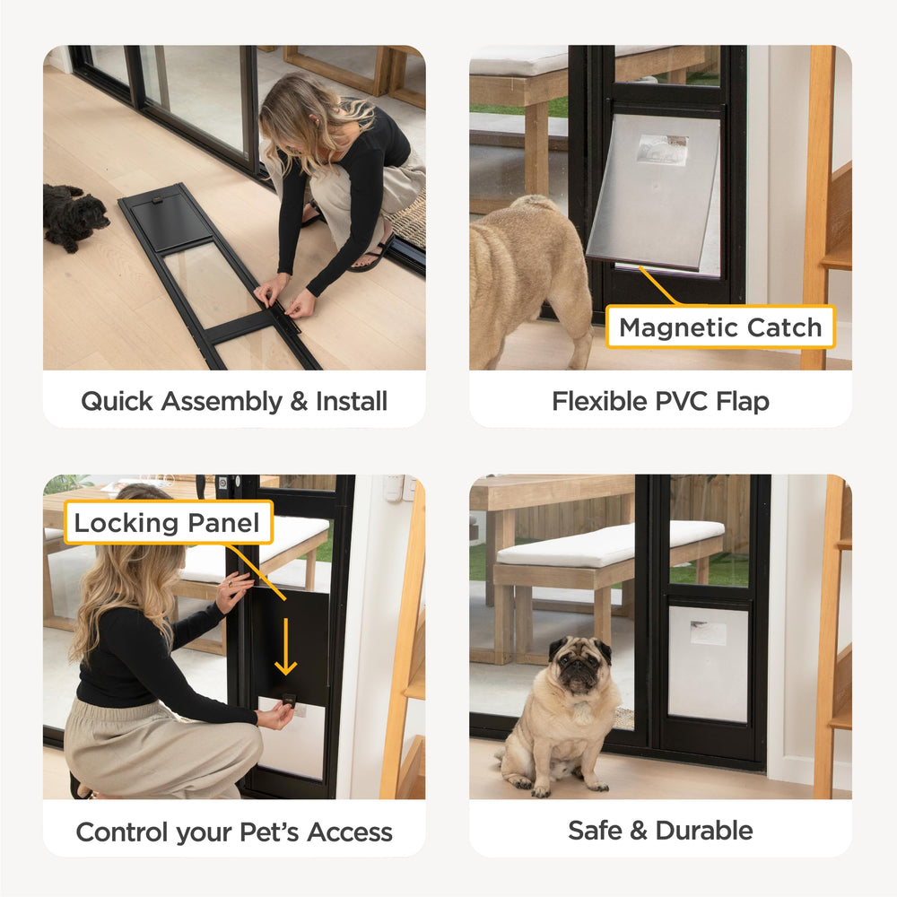 Hakuna Pets porte-patio en verre noir, verre trempé offrant une vue claire.