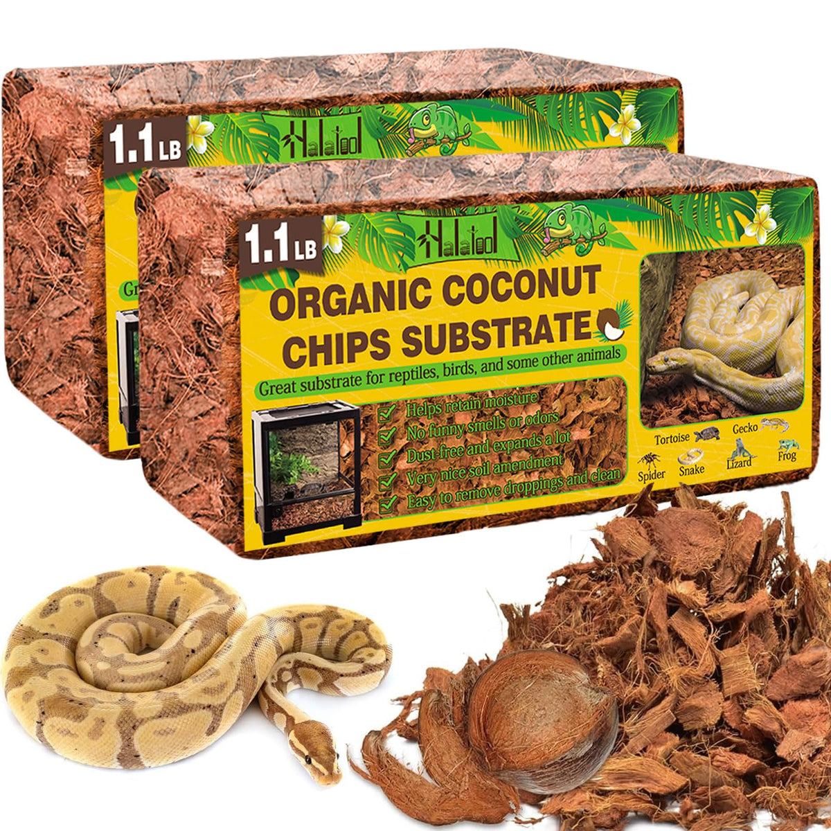 Halatool: deux briques coco-chips prêtes à s’étendre pour substrat.
