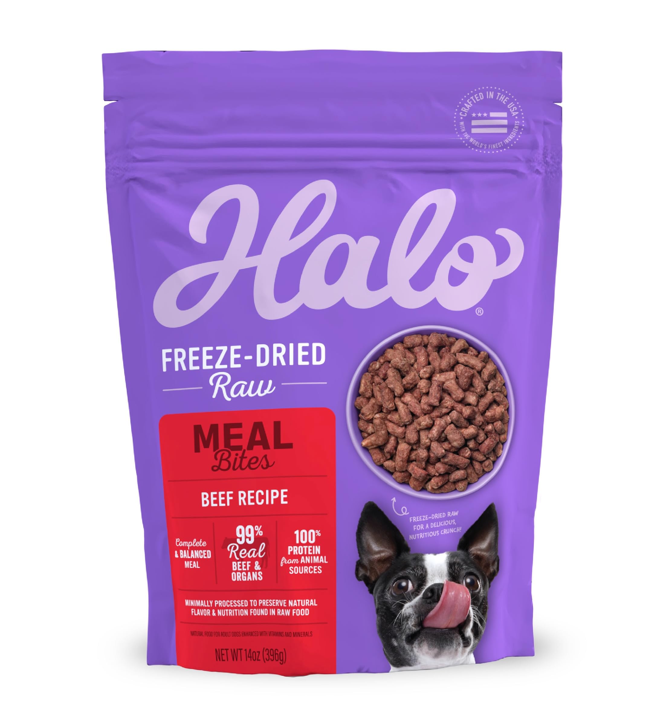 Halo bouchées boeuf lyophilisées pour chien, texture croquante et énergie naturelle.