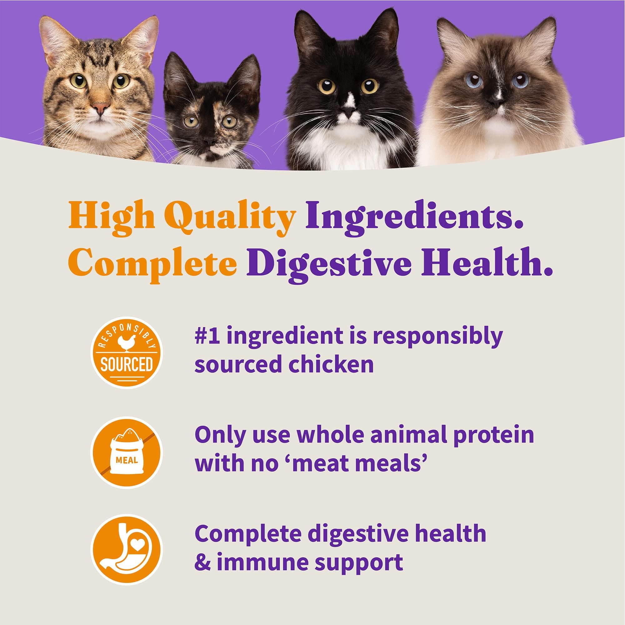 Halo Chat poulet, cage libre et sans antibiotiques sur l'étiquette.
