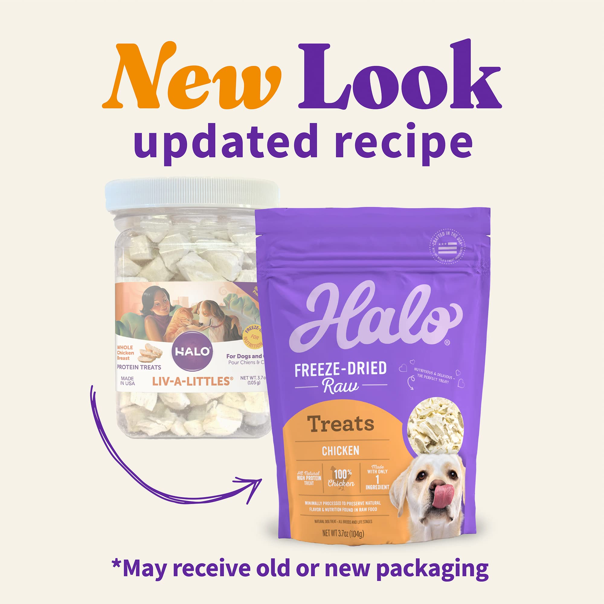 Halo friandises poulet ouverture sachet, utilisation pratique en déplacement.