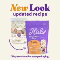 Halo friandises poulet ouverture sachet, utilisation pratique en déplacement.