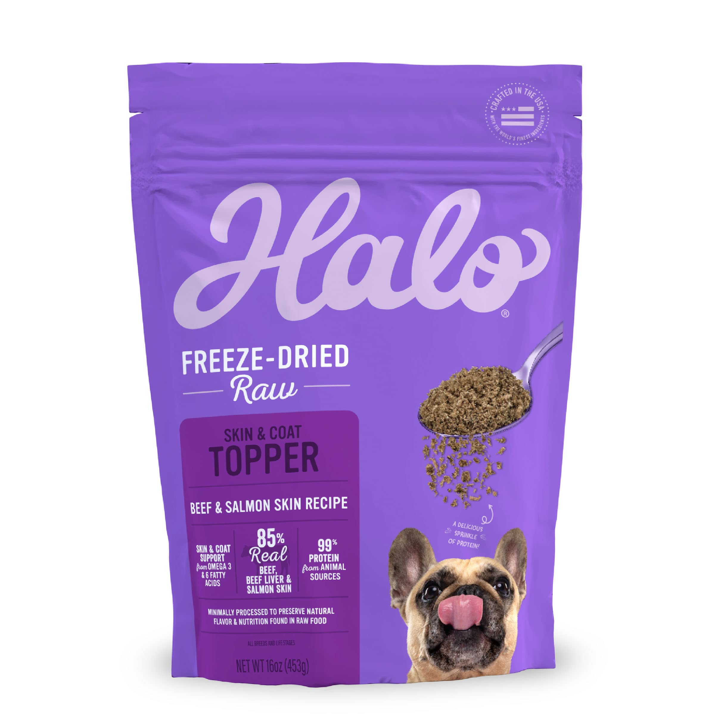 Halo garniture cru lyophilisée boeuf et saumon, sac 1 livre, pour enrichir les repas.