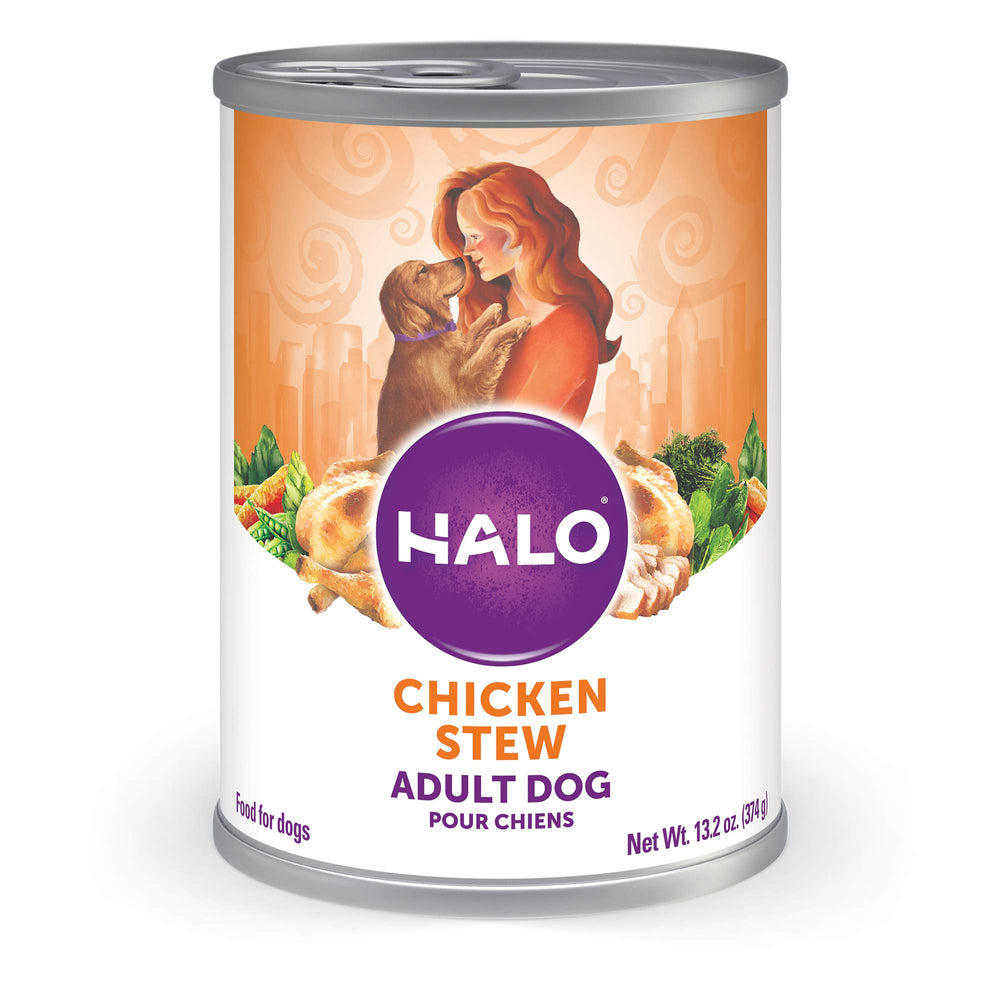 Halo Healthy Grains poulet en bouillon, texture pâté adaptée au chien adulte.