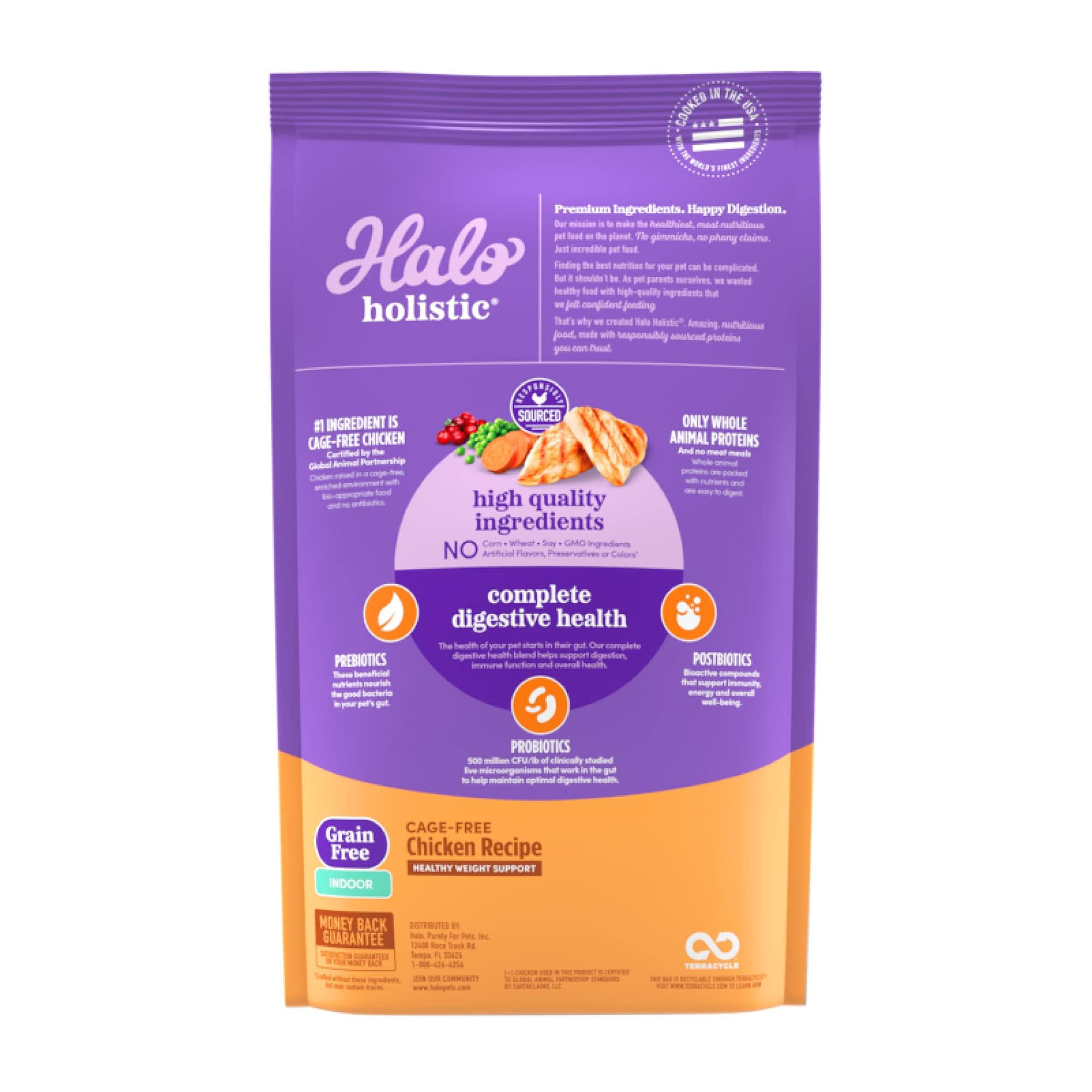 Halo Holistic poulet, ingrédients visibles sans céréales sur l'étiquette.