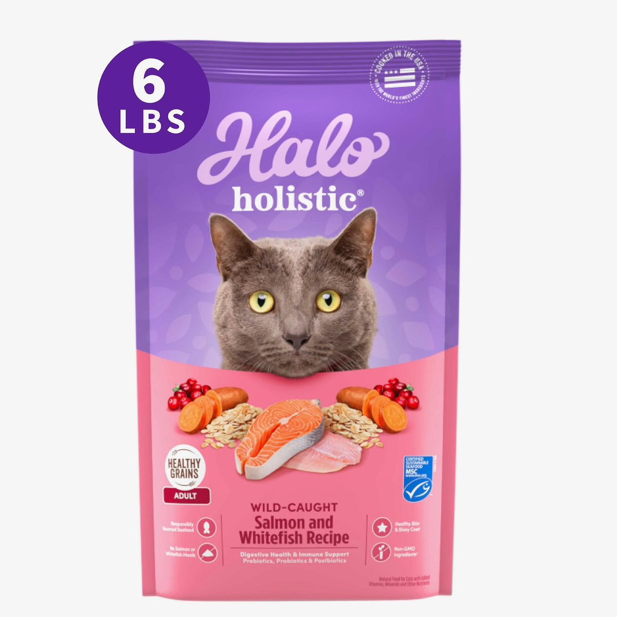 Halo Holistic croquettes saumon et poisson blanc, sac 6 lb – alimentation complète pour chat adulte.
