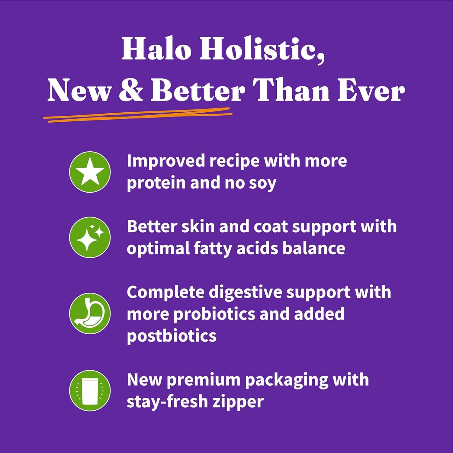 Halo Holistic étiquette sans additifs artificiels et sans céréales.