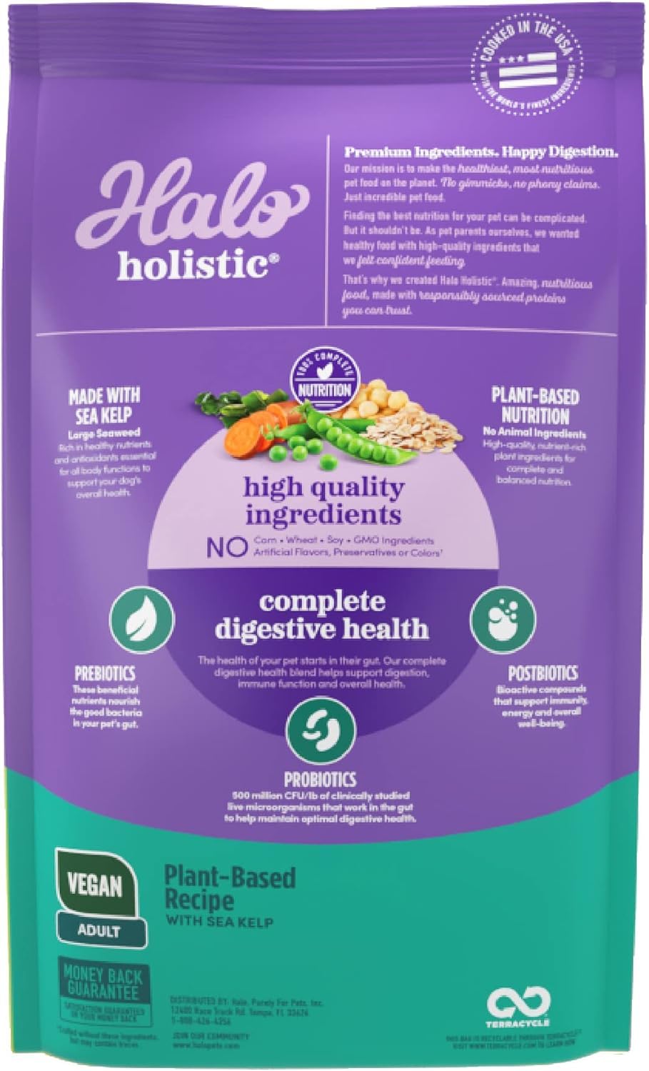Halo Holistic Vegan ingrédients kelp visibles; mise en avant des vitamines et minéraux.