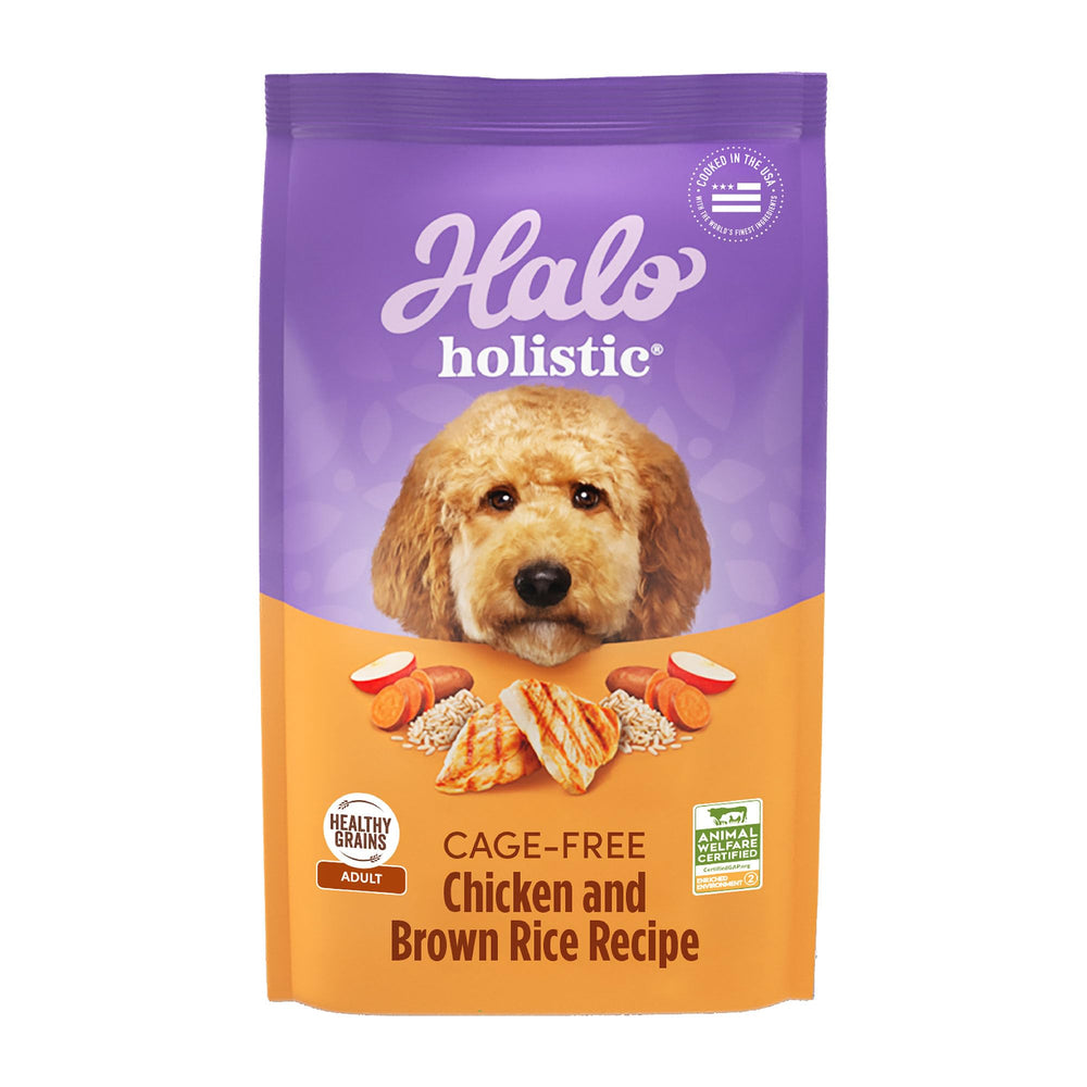 Halo Holistic: sac 21lb, croquettes poulet sans cage et riz brun, pratique.