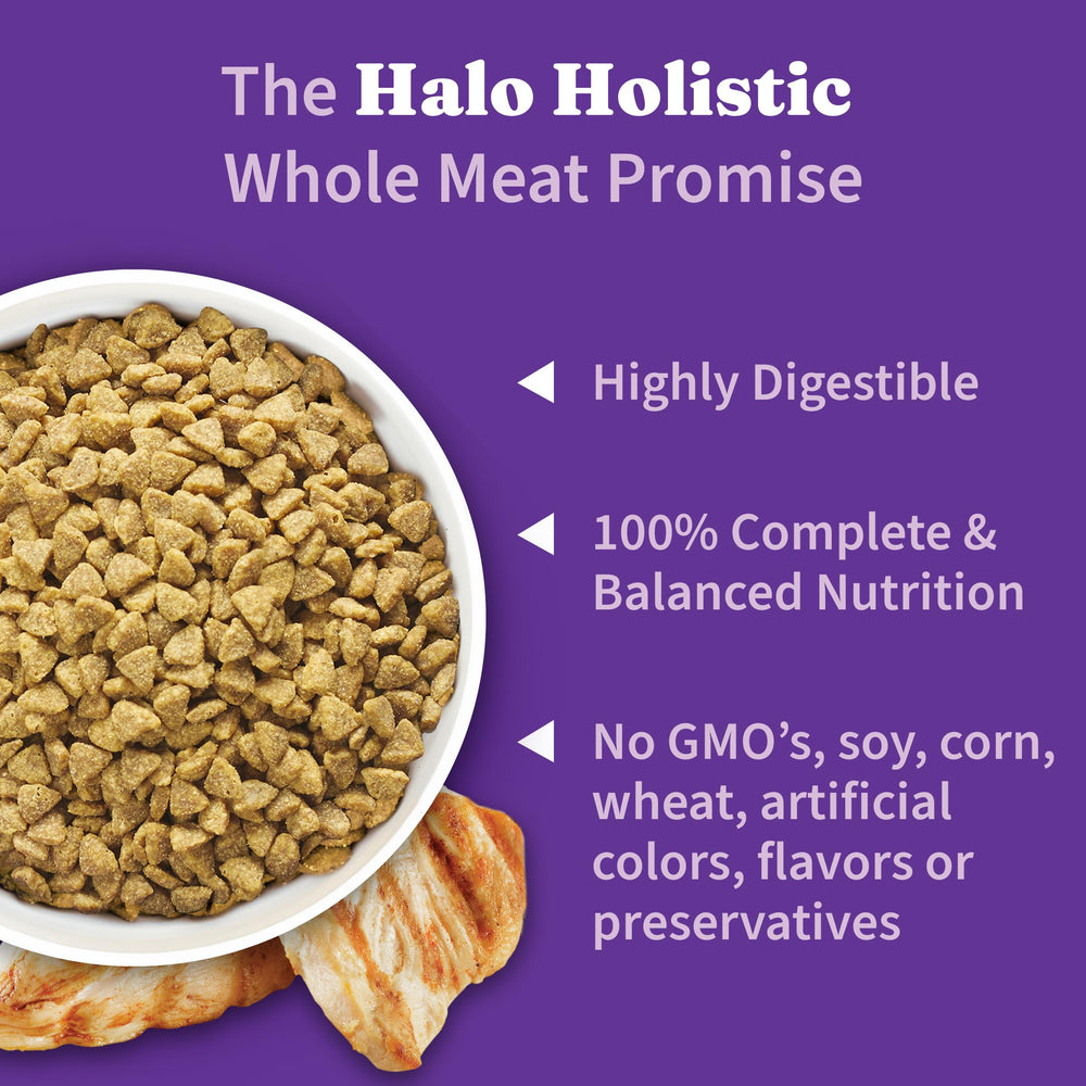 Halo Holistique formulation sans maïs, sans blé ni soja pour une alimentation simple.