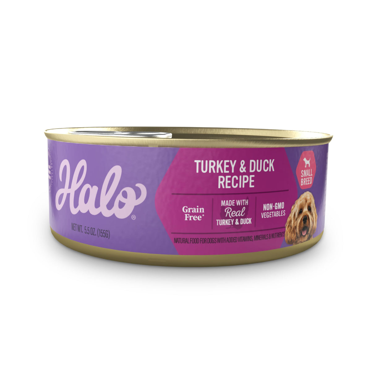 Halo humide petit chien dinde et canard, texture appétissante et hydratation.
