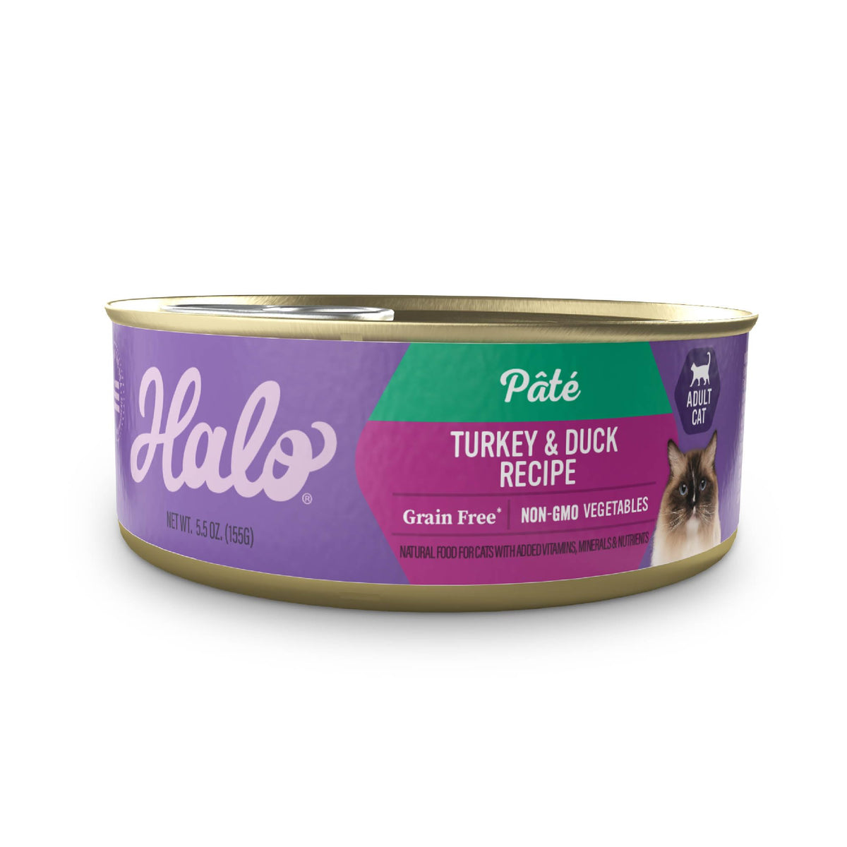 Halo Pâté Chat Dinde et Canard en boîte, texture lisse et appétit naturel.