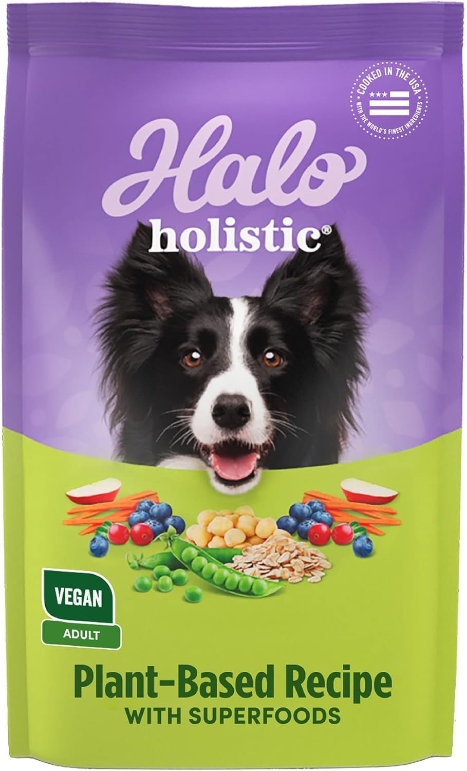 Halo propose un sac d’aliments vegan à base de plantes pour chien adulte, nutrition équilibrée.
