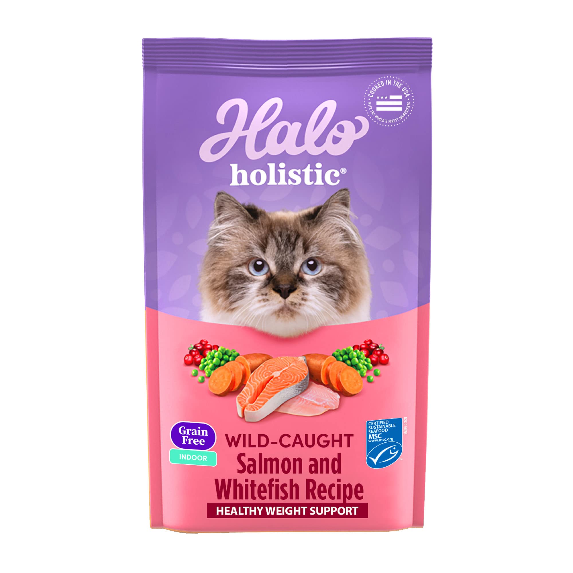 Halo saumon sauvage et protéine entière pour chats adultes énergétiques.