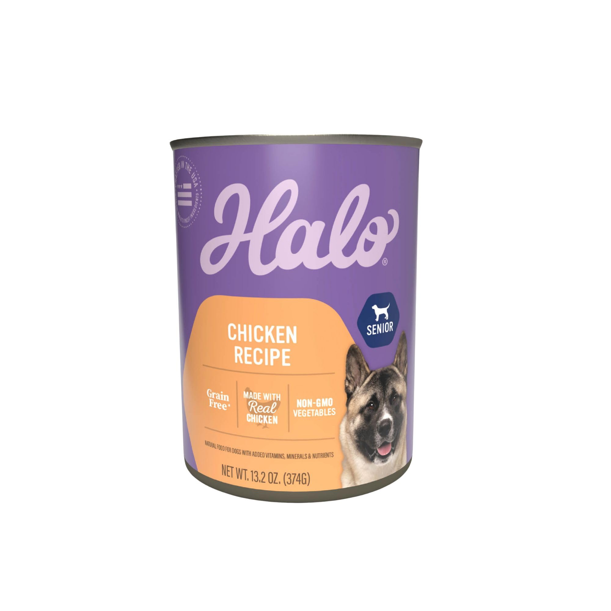 Halo Senior poulet entier en boîte pack 6, repas humide riche en protéines pour chien.