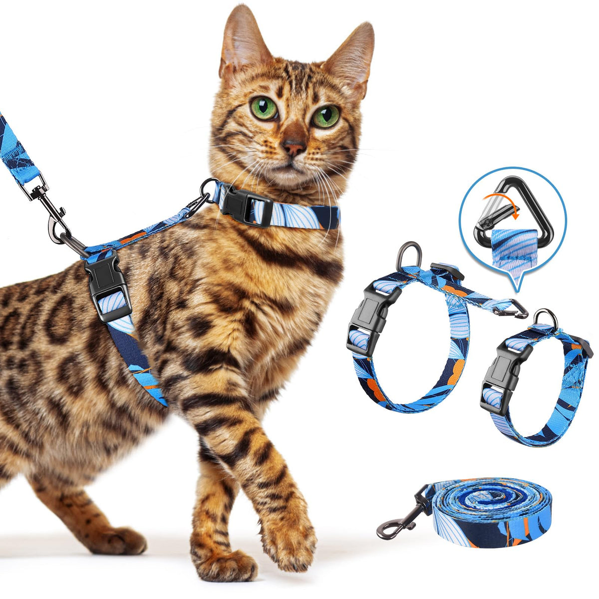 Halypet harnais chat 3 en 1 ajustable pour promenade confortable.