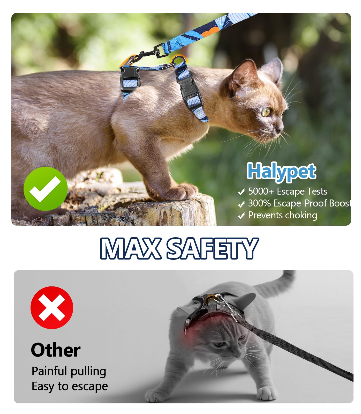 Halypet harnais chat sécurité anti-fuite pour plus de fiabilité.