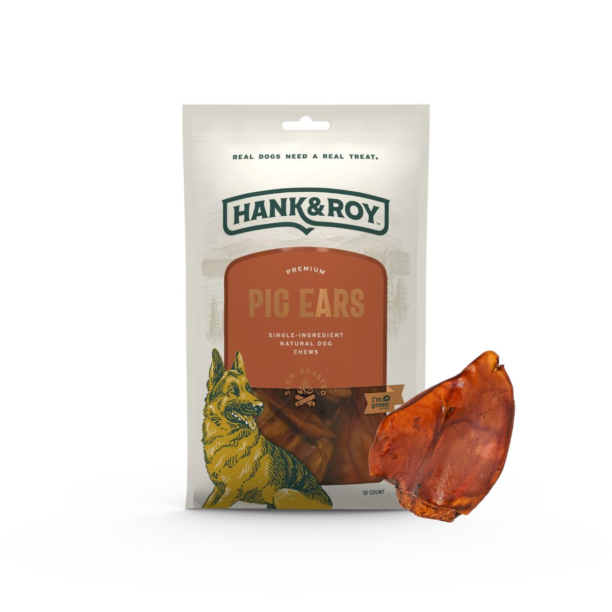 Hank & Roy Oreilles de porc pour chien entières, friandise naturelle et durable.