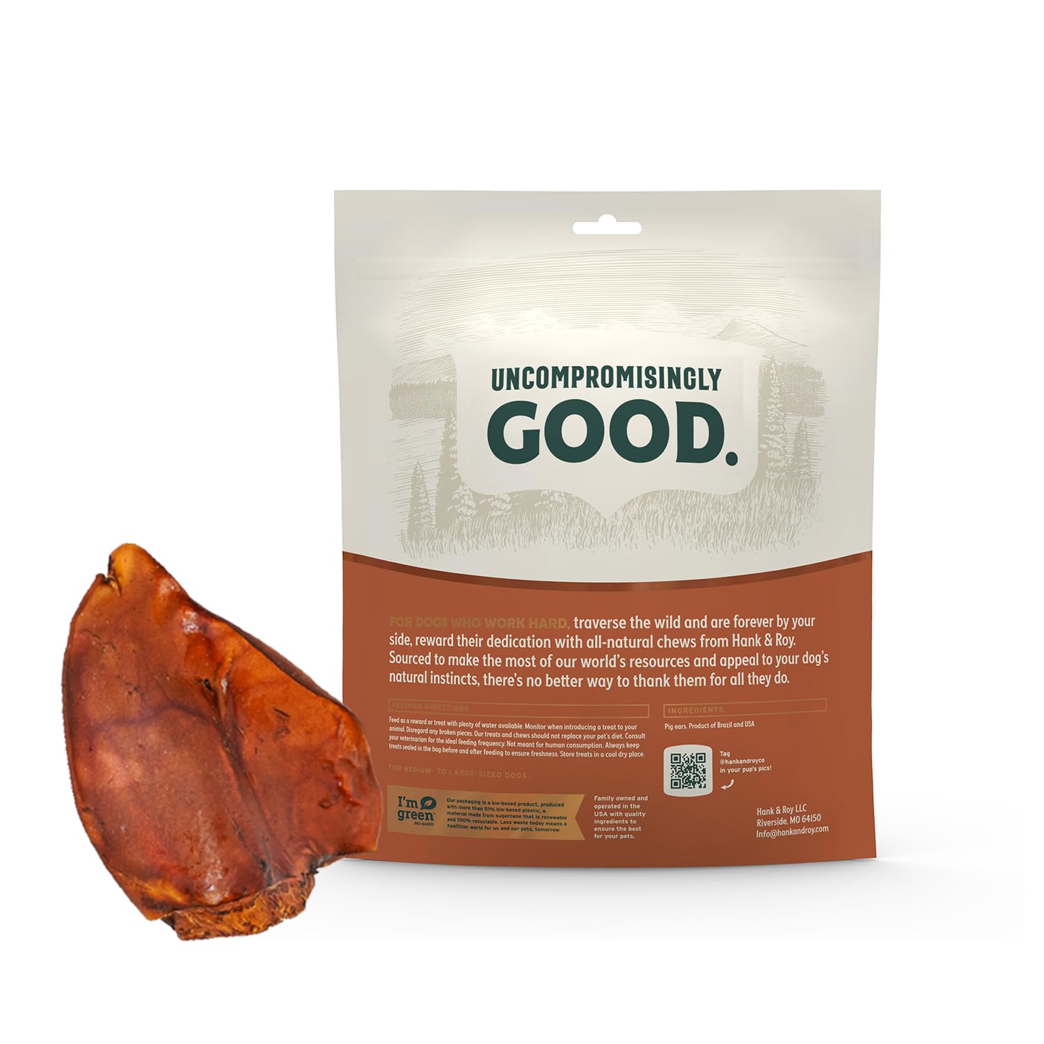 Hank and Roy LLC oreilles de porc pour chien, emballage pratique et fraîcheur préservée.