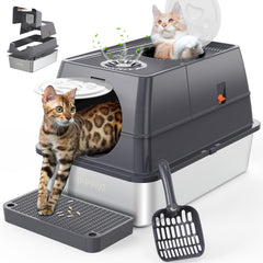 HAPAW bac a litiere inox avec ouverture 135 degres, nettoyage rapide