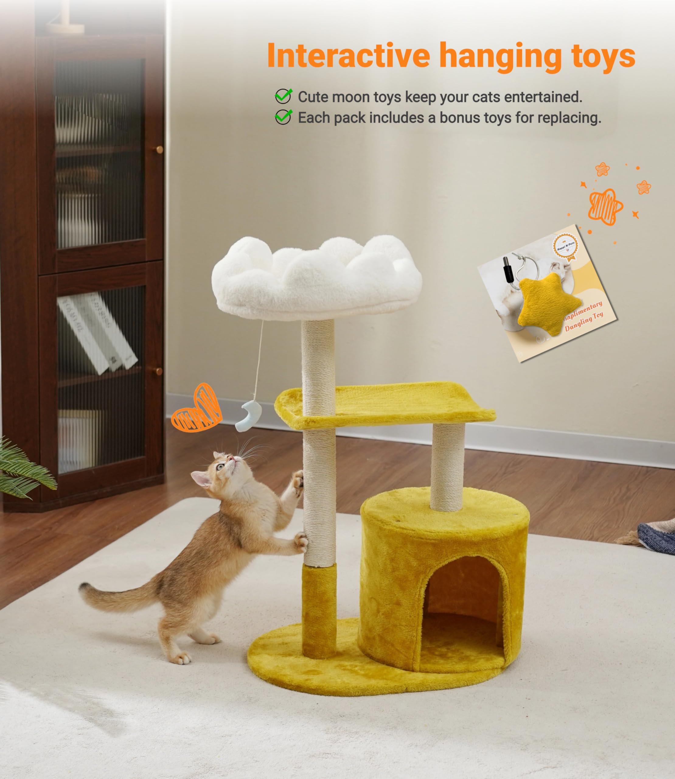 Happi N Pets chat-sieste sur arbre, explorant hauteur et confort.