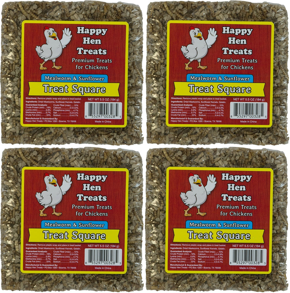 Friandise Happy Hen Treats, carré gourmand avec vers de farine et graines de tournesol, idéale pour récompenser les poules.