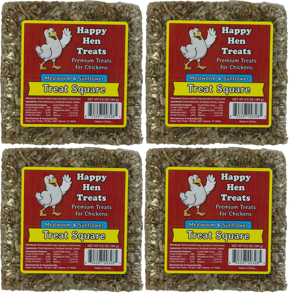 Friandise Happy Hen Treats, carré gourmand avec vers de farine et graines de tournesol, idéale pour récompenser les poules.