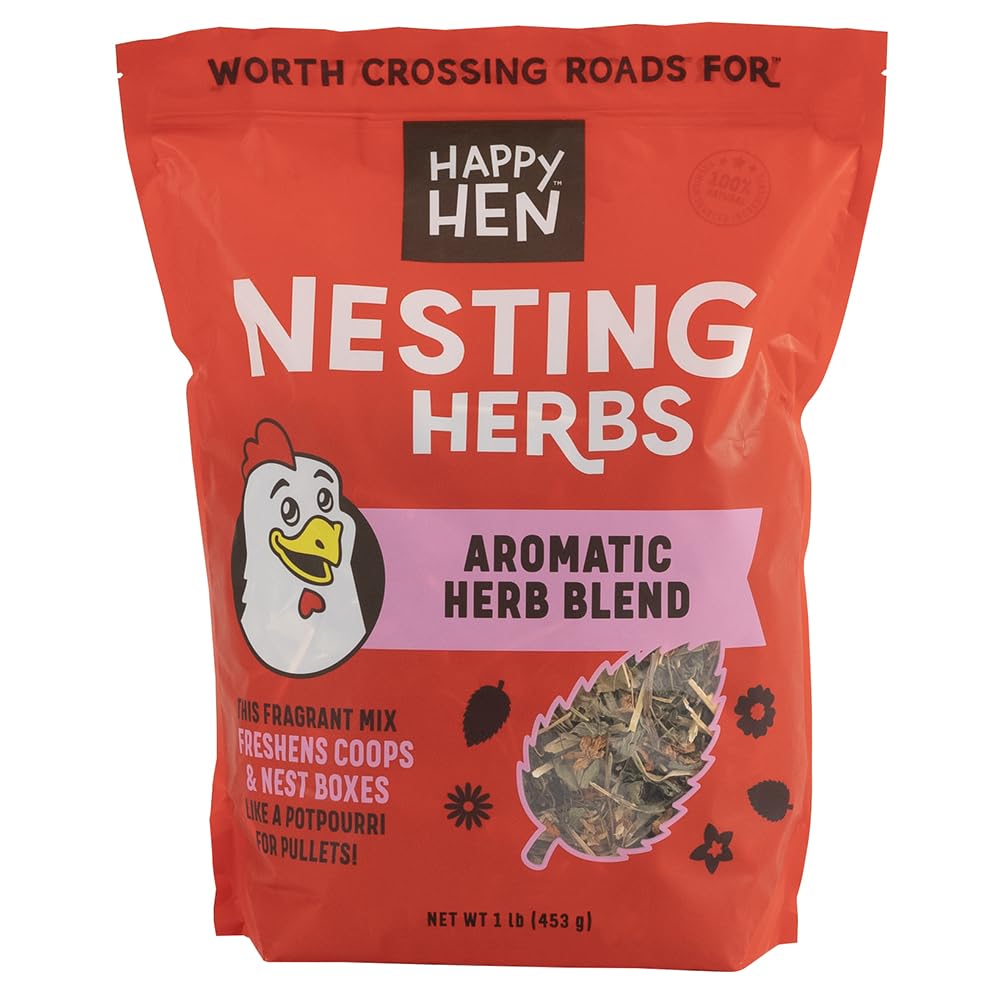 Happy Hen Treats Nesting Herbs, emballage visible, mélange naturel pour le nid