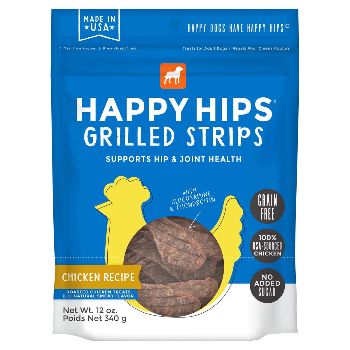 Friandises Happy Hips grillées au poulet dans une pochette, plaisir savoureux et pratique.