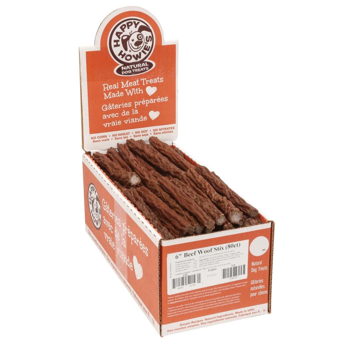 Happy Howie's Woof Stix bœuf lentement cuit — récompense naturelle et appétissante pour chien.
