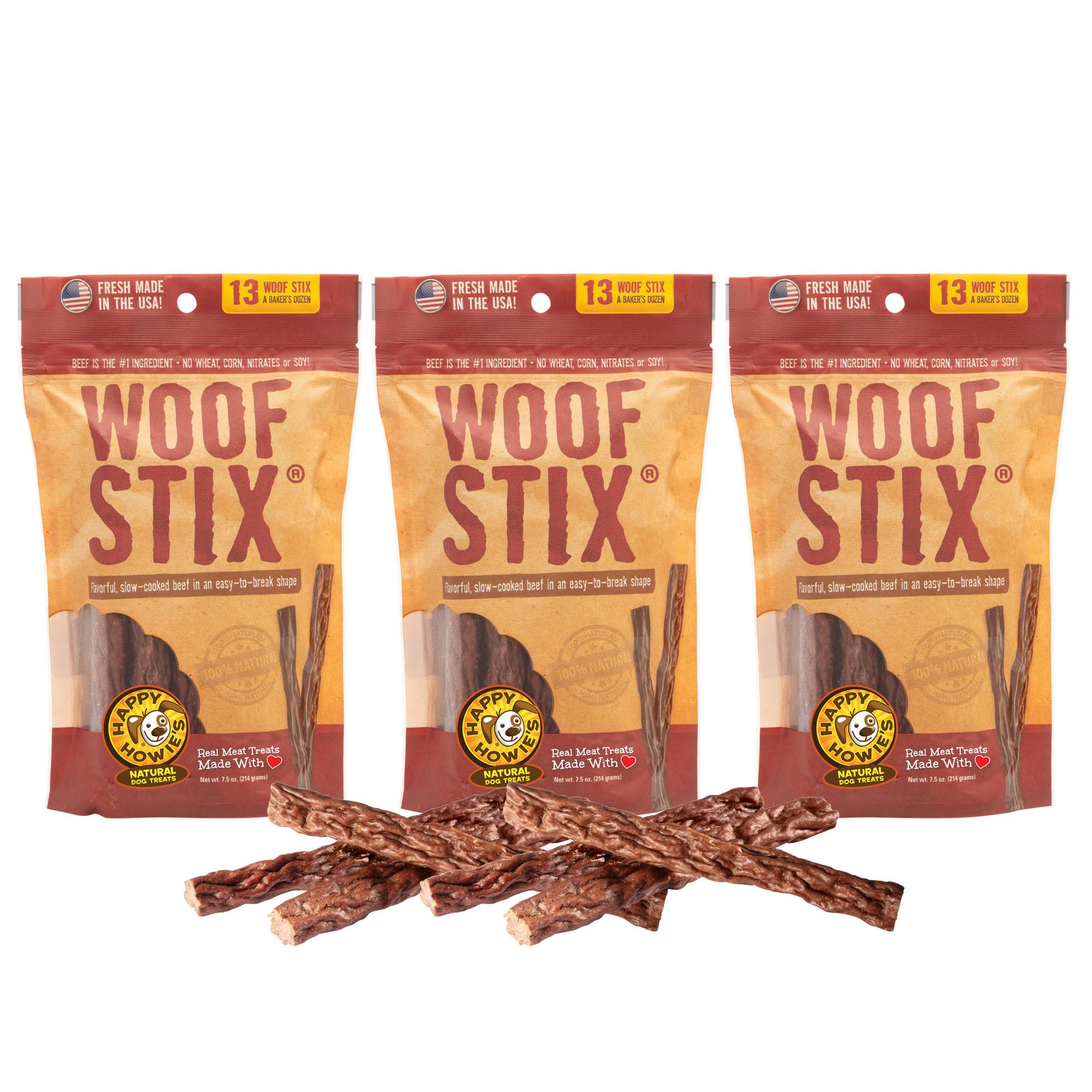 Emballage clair et étiquette Happy Howie's Woof Stix, pratique pour l'achat.