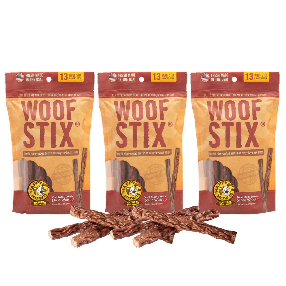 Emballage clair et étiquette Happy Howie's Woof Stix, pratique pour l'achat.