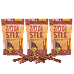 Emballage clair et étiquette Happy Howie's Woof Stix, pratique pour l'achat.