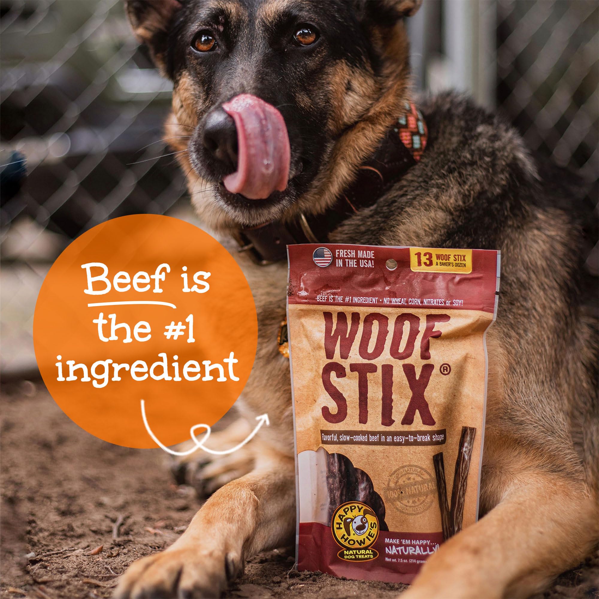 Woof Stix sans hormones — protéines du bœuf comme base pour chien détendu.