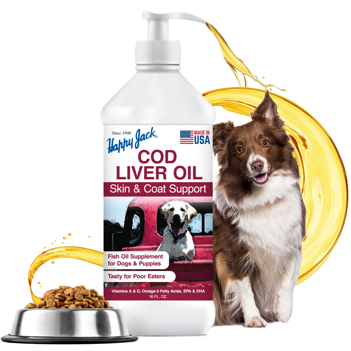 Happy Jack huile foie morue – bouteille prête à usage quotidien pour chiens, peau et pelage sains.