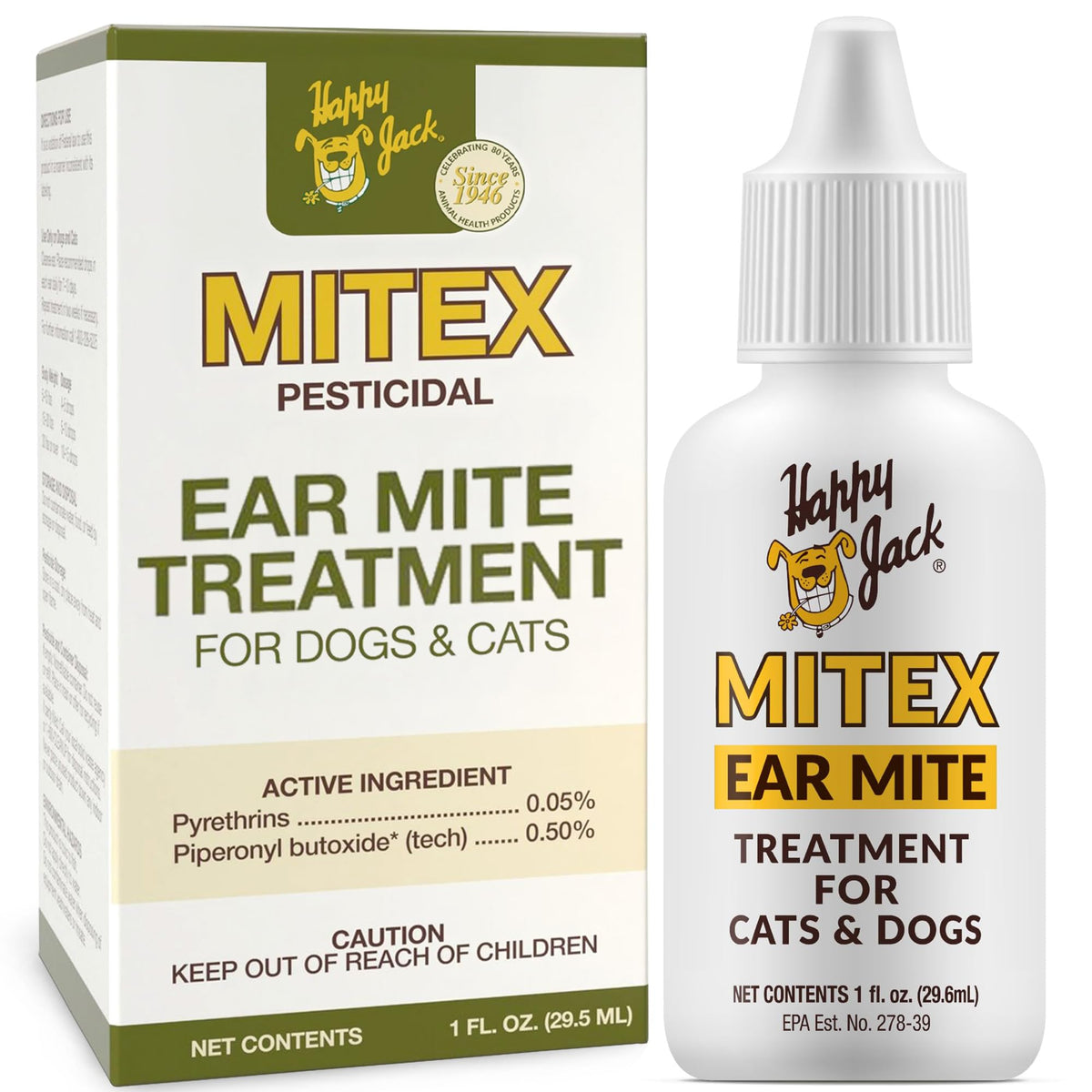 Happy Jack Mitex, bouteille 1 once, traitement rapide pour les oreilles des animaux.