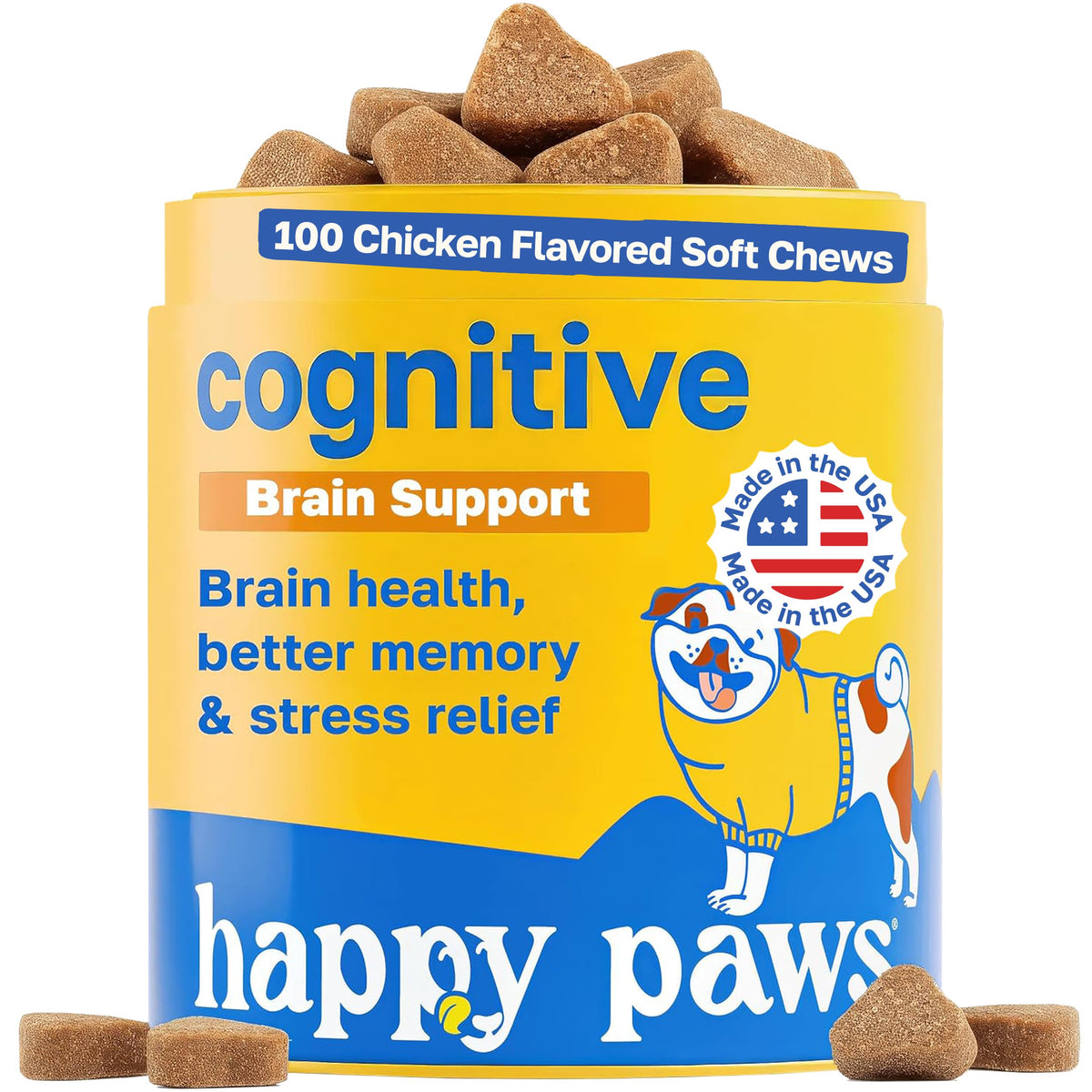 Happy Paws bocal de supplément cognitif pour chiens, soutien quotidien.