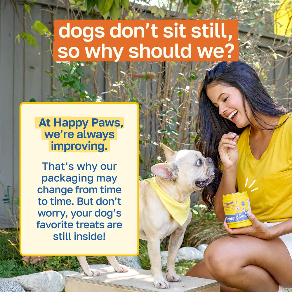 Happy Paws emballage clair et etiquette lisible, conseils d’utilisation.