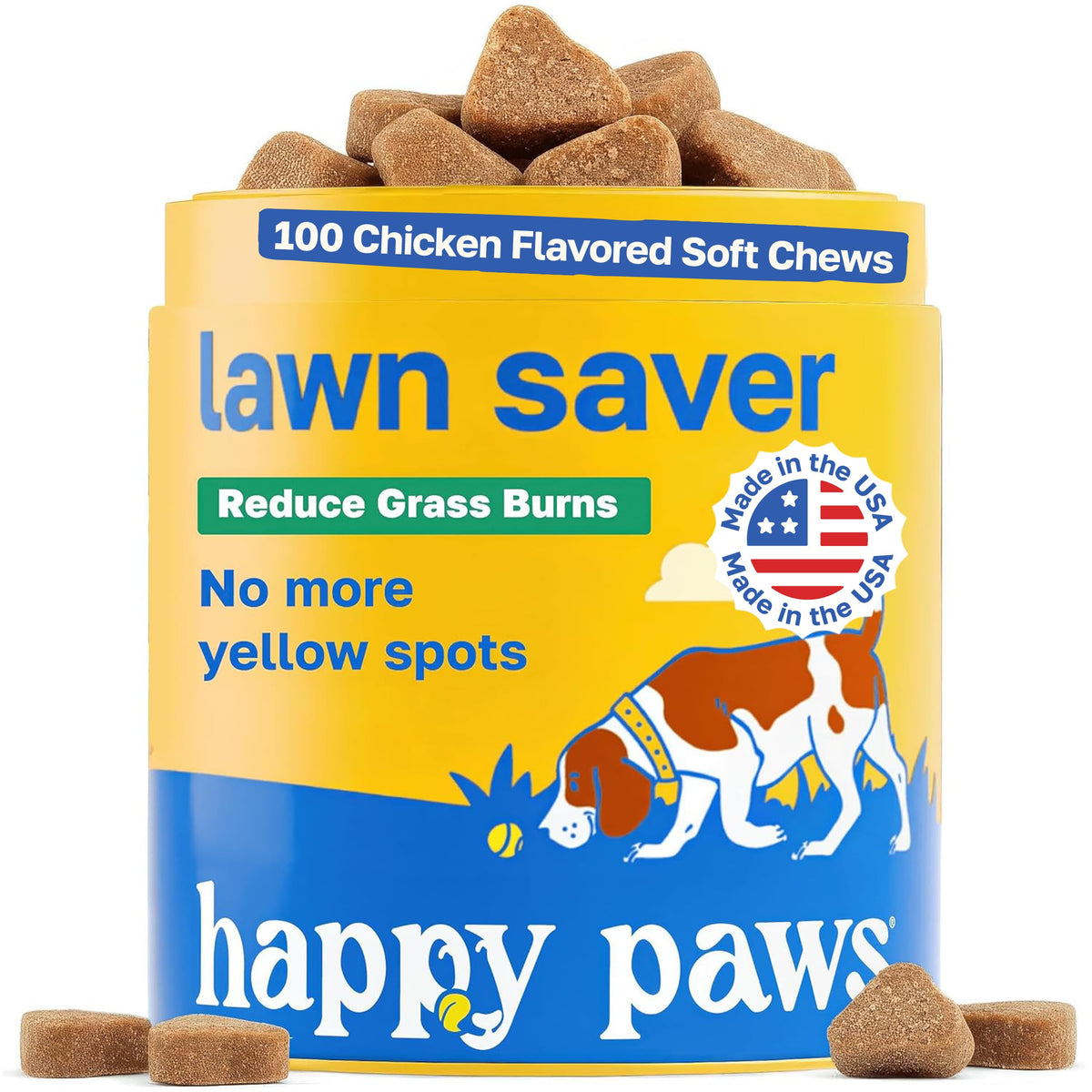 Happy Paws Lawn Saver: bouteille-probiotiques montrant le complément quotidien pour le bien-être digestif.
