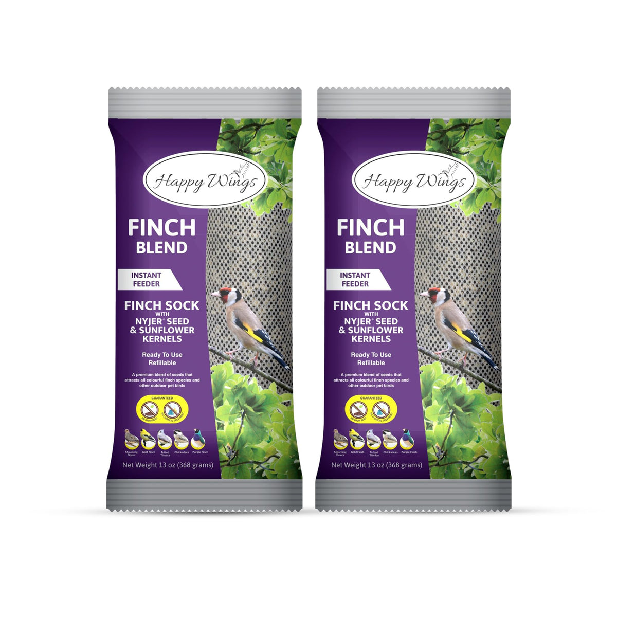 Happy Wings Finch Blend emballage pratique pour nourrir les oiseaux sauvages.