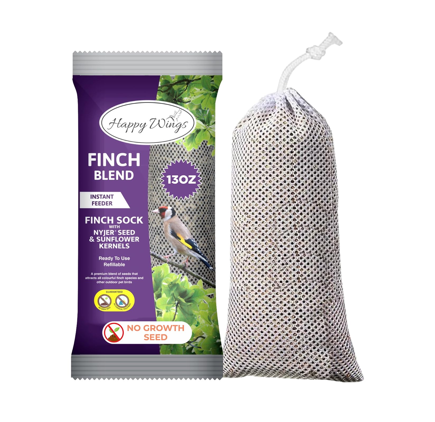 Happy Wings Finch Blend mélange coeurs de tournesol et nyjer pour attirer les oiseaux.