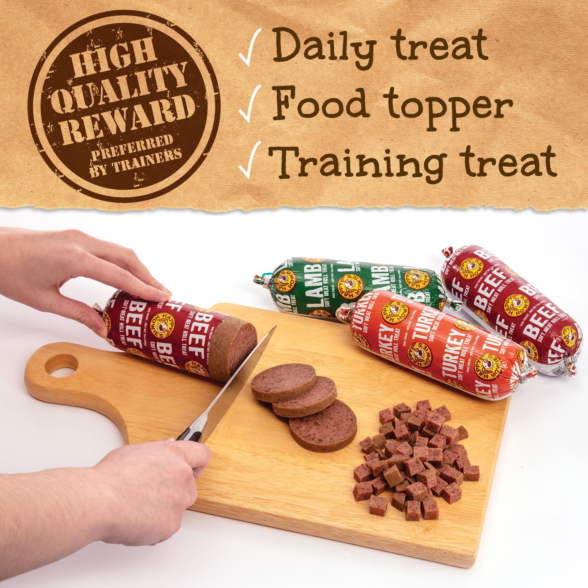 Happy Howie's rouleau de viande douce garniture sur nourriture, améliore les repas du chien.