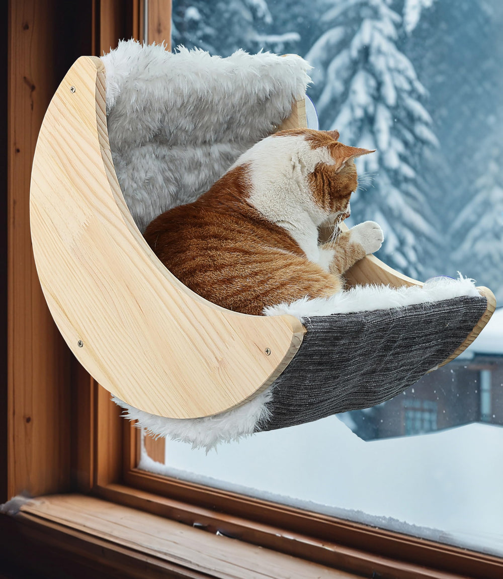 HAPYKITYS bois-pin-naturel-siege-chat-fenetres, esthétique durable et charme rustique.