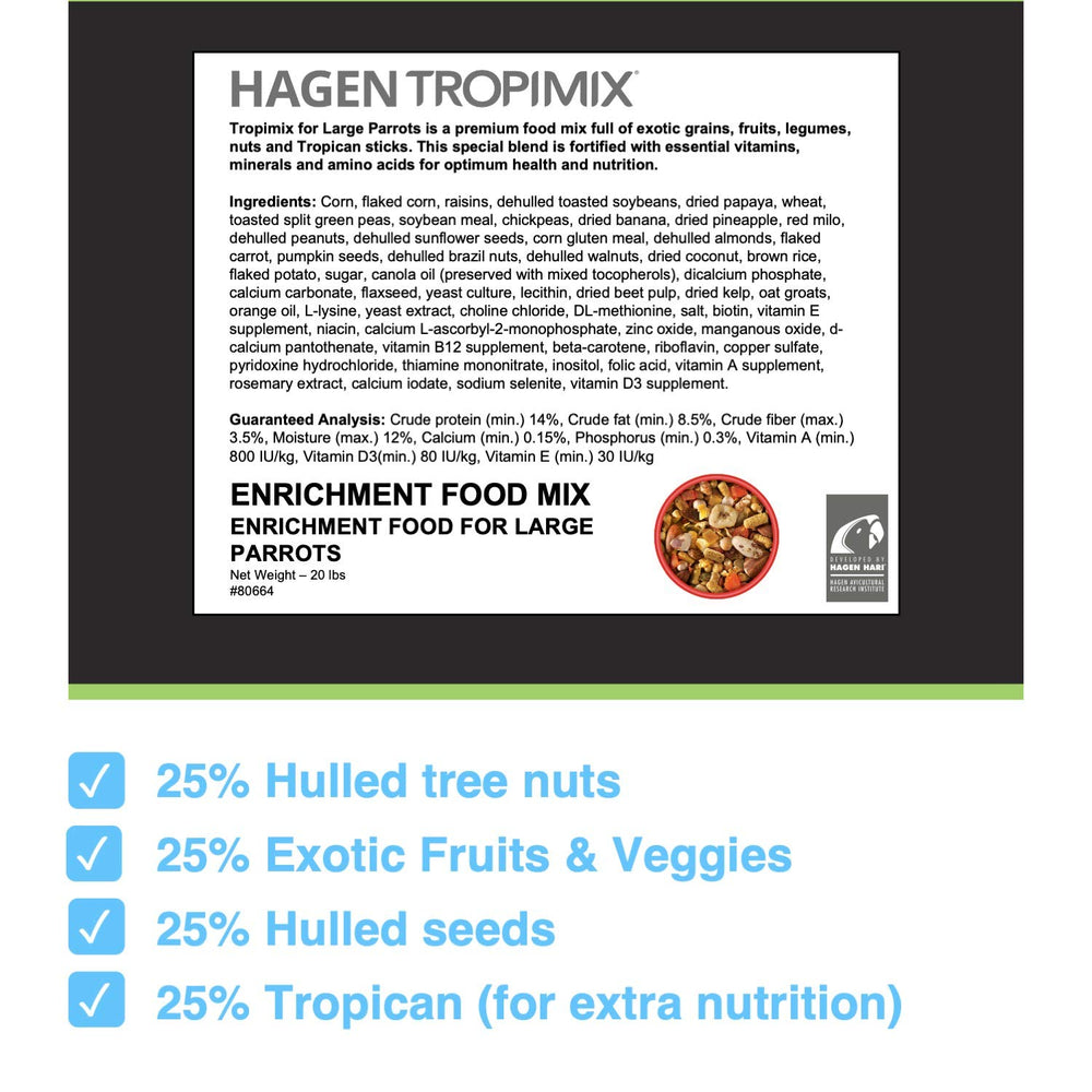Hari Tropimix Mélange grains-fruits-légumes pour grands perroquets, variété nutritionnelle.