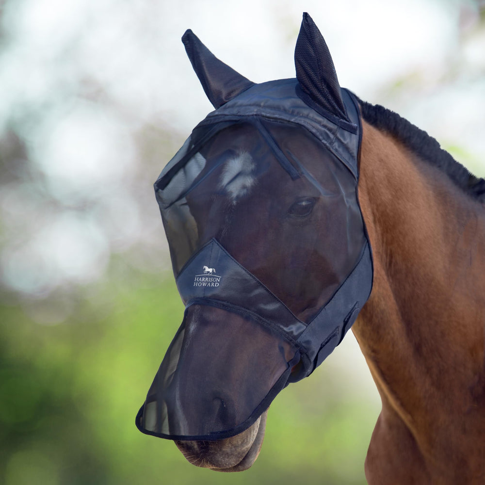Masque anti-mouches Harrison Howard CareMaster pour cheval, long nez et oreilles, protection ultraviolet et confort quotidien.
