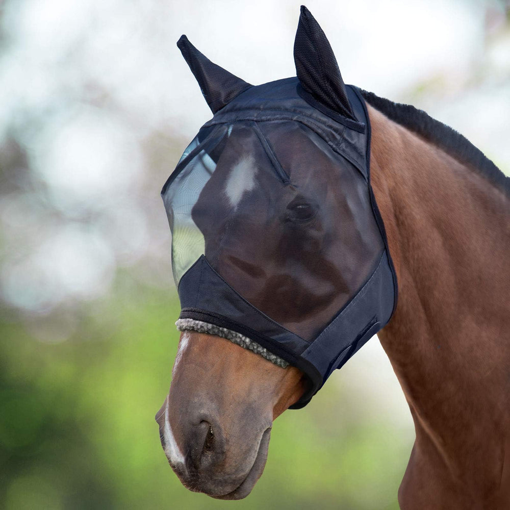 Masque CareMaster Harrison Howard pour cheval, grande ouverture oculaire et oreilles, protection UV efficace.